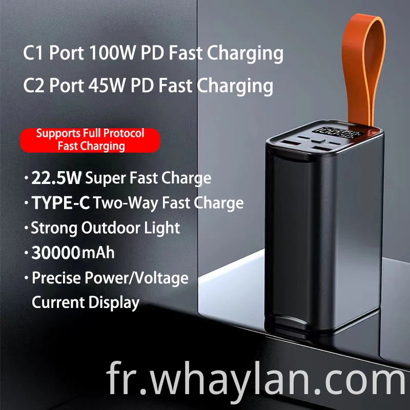 Whaylan Nouvelle alimentation d'arrivée 20000mAh 30000mAh Type-C Cable Mini Backup Portable Emergency Charger PD 100W Charge Fast Charging Mobile Power Bank for Outdoor Home